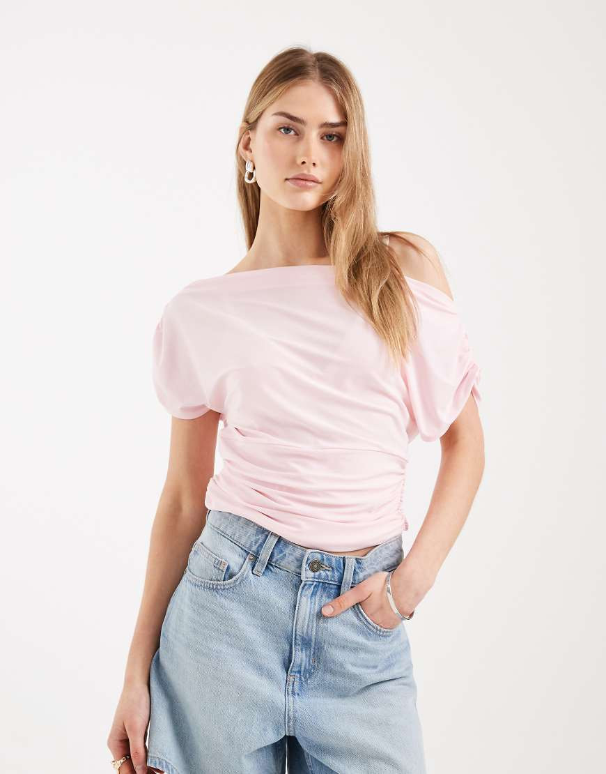 Miss Selfridge off the shoulder top with ruched sides in pink | ASOS (Global)