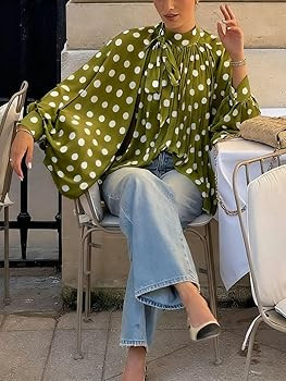 Amazon.com: CHARTOU Womens Polka Dot Chiffon Blouse Dressy Bow Tie Loose Lantern Sleeve Semi-Sheer Shirt Summer Top 2026(Small,Green) : Clothing, Shoes & Jewelry | Amazon (US)