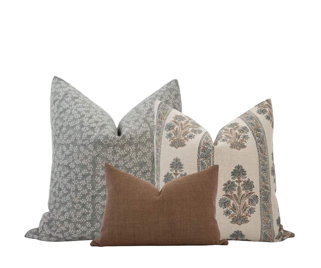 Linen Pillow Cover Set: Floral Block Print & Warm Brown Handwoven Cotton - Etsy | Etsy (US)