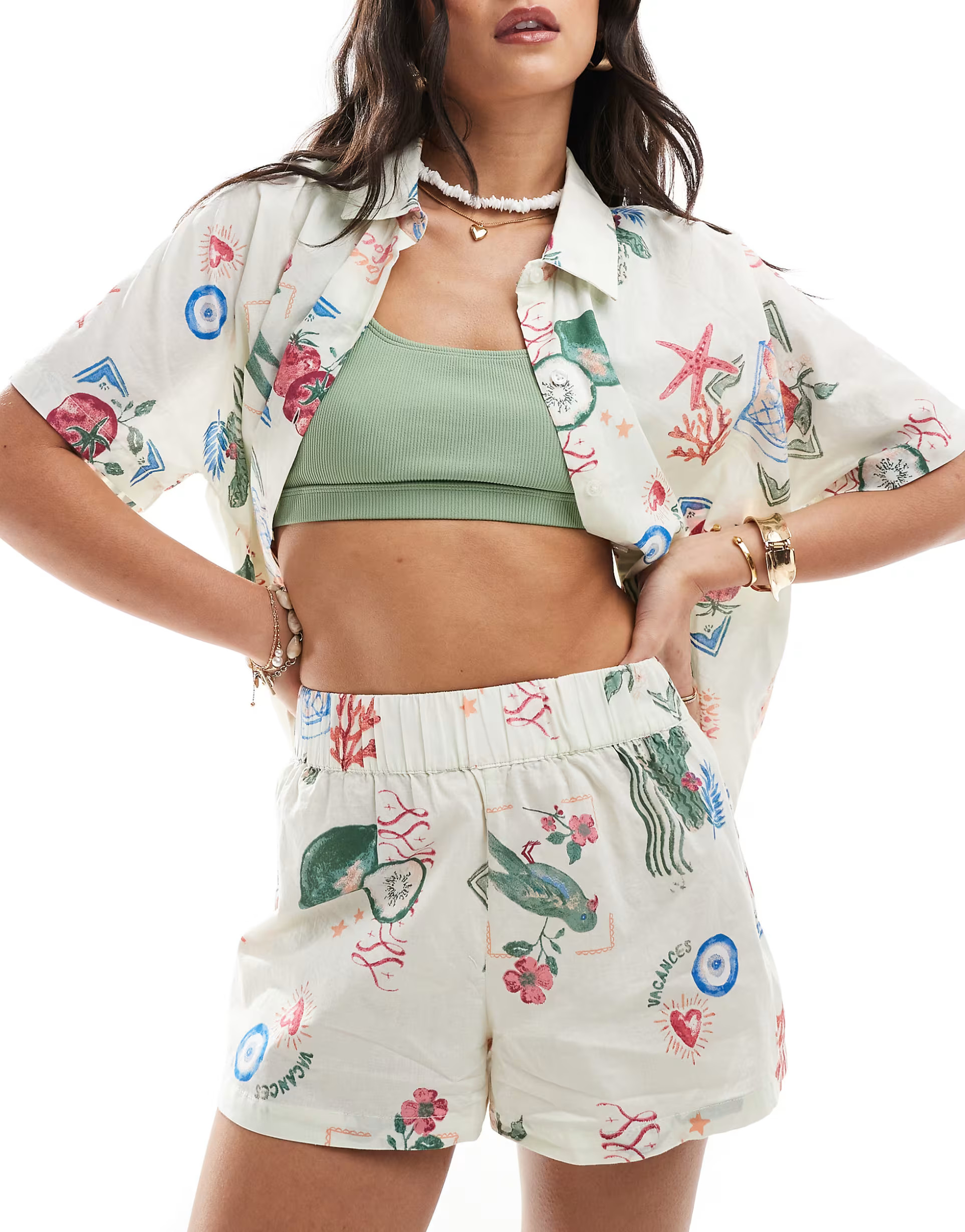 ASOS DESIGN linen look co-ord beach short in postcard print | ASOS (Global)