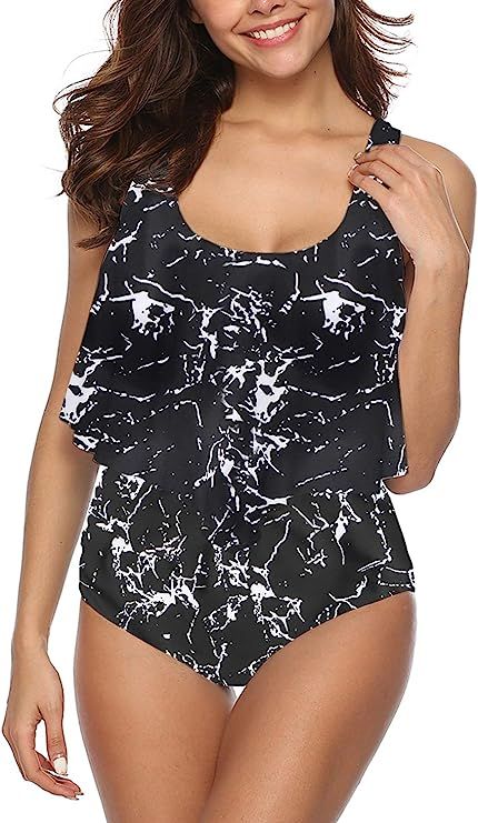 SouqFone Swimsuits for Women Two Piece Bathing Suits Ruffled Flounce Top with High Waisted Bottom... | Amazon (US)