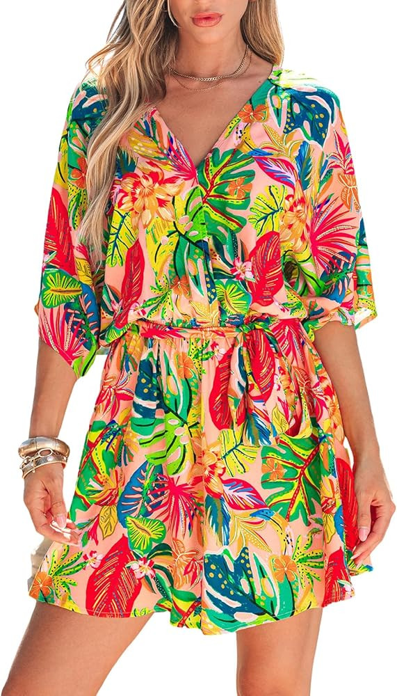 CUPSHE Women's Mini Dress V Neck Floral Half Dolman Sleeve Belted Loose Fit Short Summer Beach Dr... | Amazon (US)