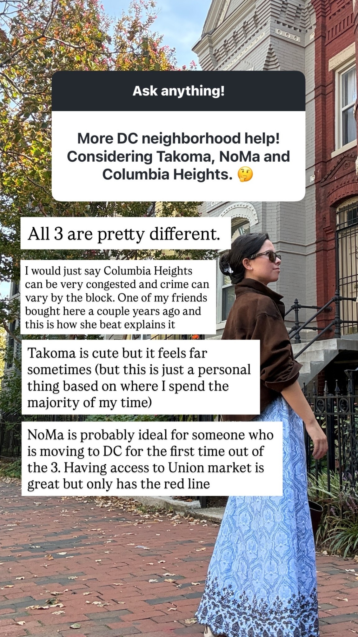 All 3 are pretty different.  I would just say Columbia Heights can be very congested and crime can vary by the block. One of my friends bought here a couple years ago and this is how she beat explains it  Takoma is cute but it feels far sometimes (but this is just a personal thing based on where I spend the majority of my time) NoMa is probably ideal for someone who is moving to DC for the first time out of the 3. Having access to Union market is great but only has the red line