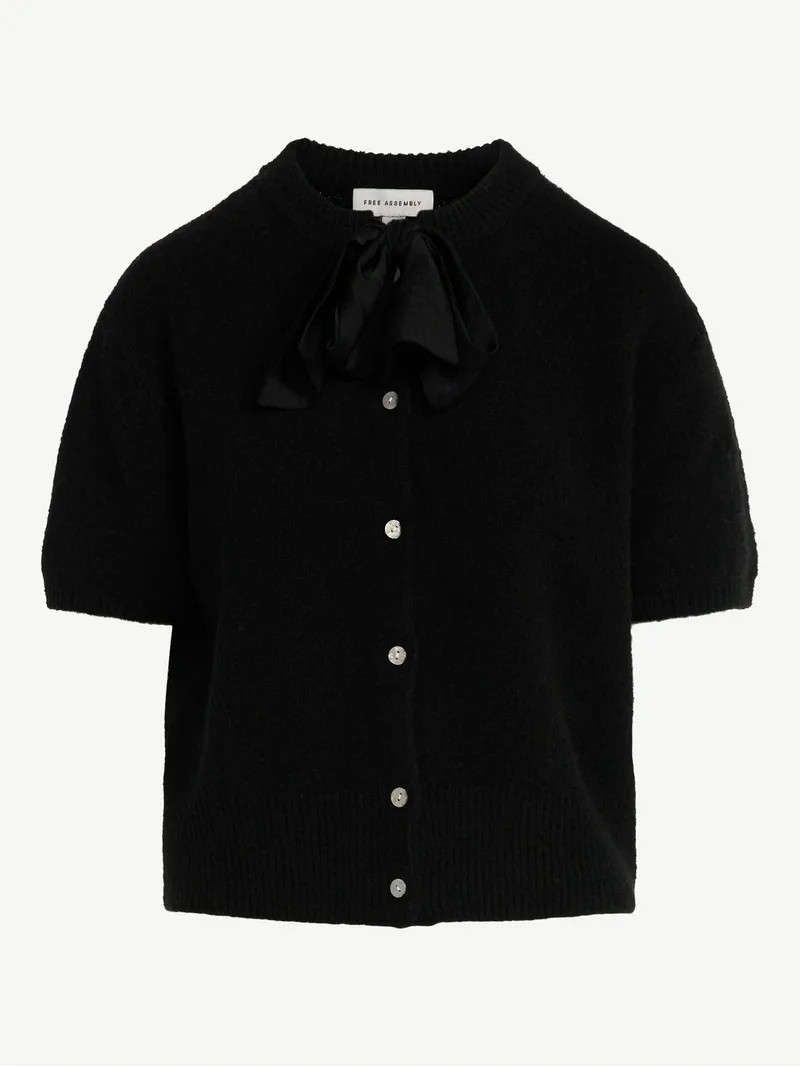 Free Assembly Women's Button-Front Bow Sweater with Short Sleeves, Midweight, Sizes XS-XXL | Walmart (US)