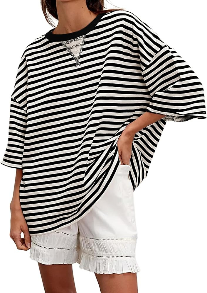Dqbeng Womens Oversized T Shirts Classic Striped Short Sleeve Crewneck Loose Casual Pullover Tops | Amazon (US)