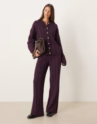 ASOS DESIGN knitted cotton cardigan and trouser co-ord in plum - PURPLE | ASOS (Global)