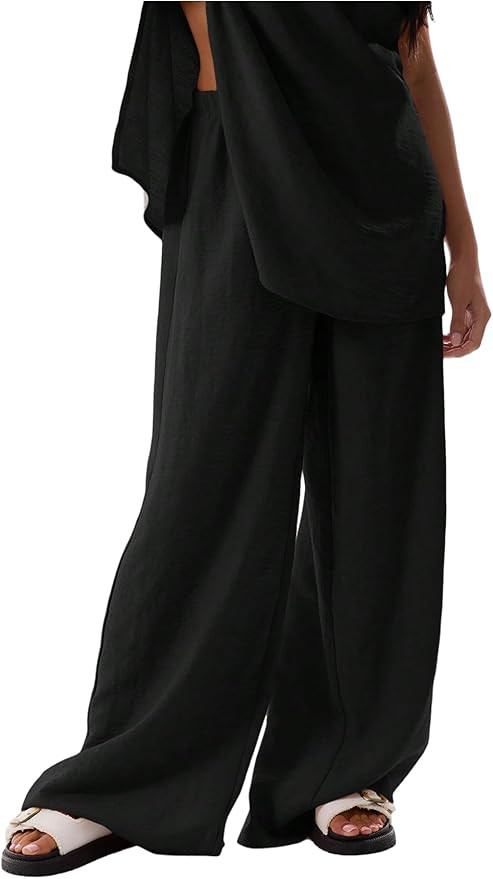 Women's Linen Pants Elastic Waist Wide Leg Palazzo Pants Beach Vacation Outfits Summer Trousers | Amazon (US)