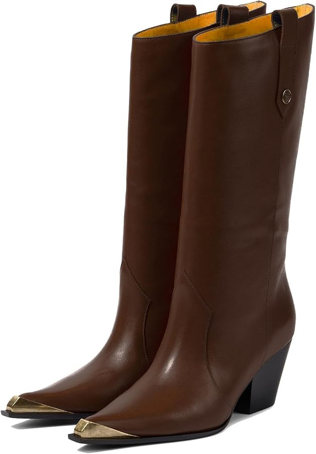 THESHY Women's Western Knee High Boots Leather Cowboy Chunky Block Heel Boot Pointed Toe Pull on ... | Amazon (US)