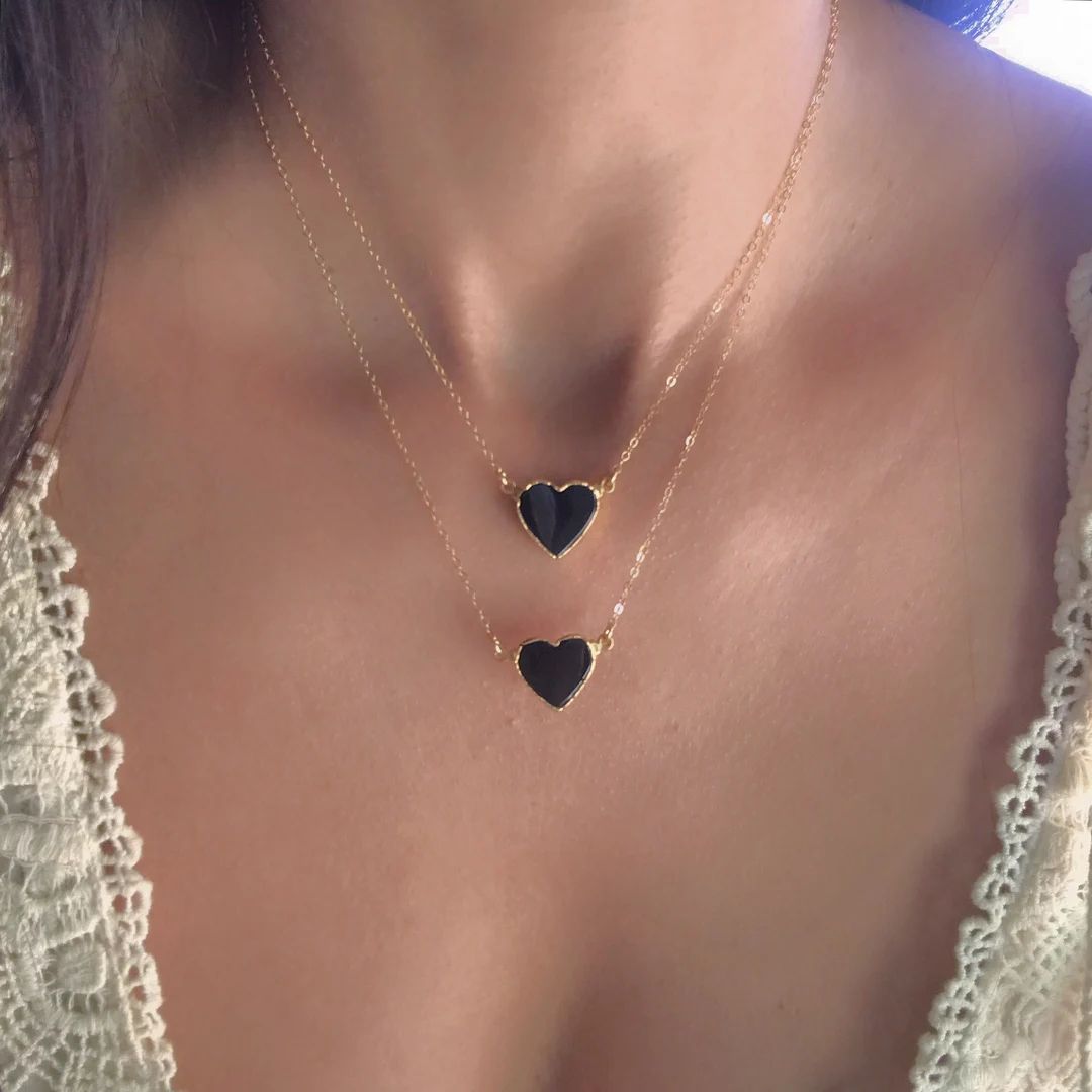 Black Onyx Heart Gold Necklace // Black Onyx Heart Necklace // Black Onyx Pendant Necklace // Bla... | Etsy (US)