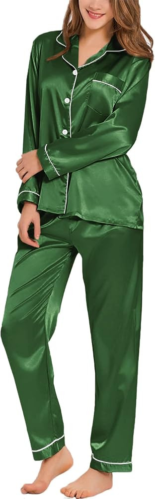 SWOMOG Womens Silk Satin Pajamas Loungewear Two-piece Sleepwear Button-Down Pj Set | Amazon (US)