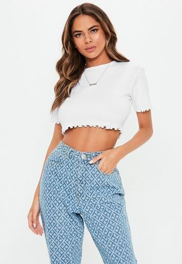 Petite White Lettuce Hem Ribbed Crop Top | Missguided (US & CA)