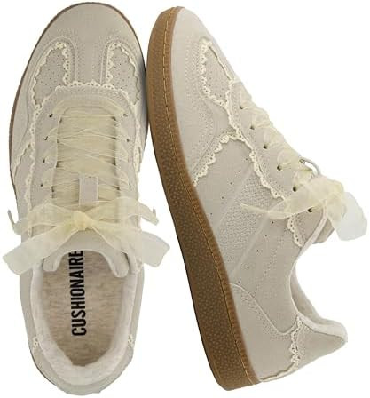 CUSHIONAIRE Belinda Women’s Lace Detail Casual Sneakers – Elegant Ribbon Lace-Up Shoes with M... | Amazon (US)