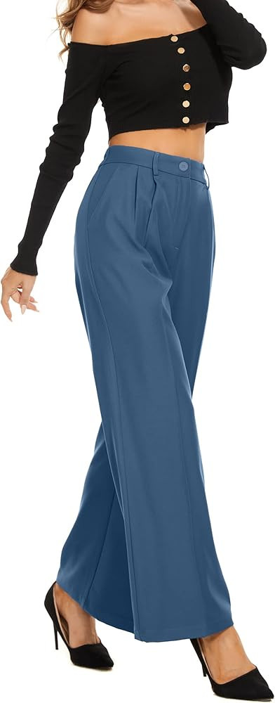 FUNYYZO Women's Wide Leg Pants High Elastic Waisted in The Back Business Work Trousers Long Strai... | Amazon (US)