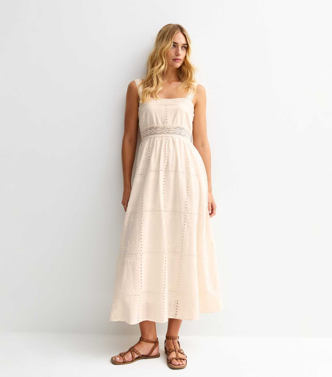 Cream Broderie Anglaise Lace Trimmed Square Neck Midi Dress | New Look | New Look (UK)