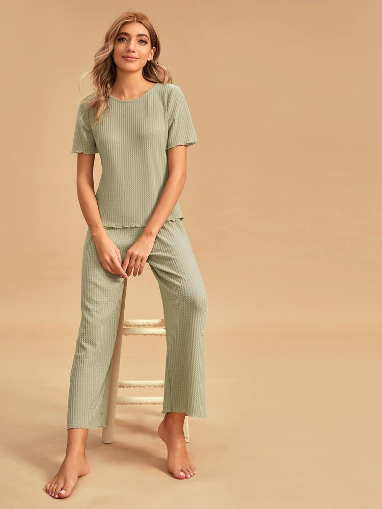 Solid Lettuce Trim PJ Set | SHEIN