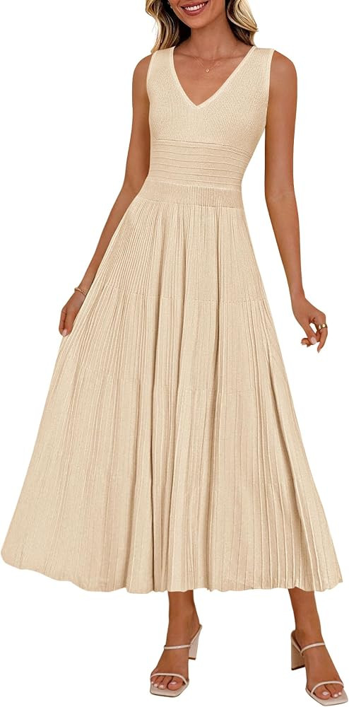 PRETTYGARDEN Summer Dresses for Women 2026 Spring Casual Sleeveless V Neck Pleated Midi Work Cock... | Amazon (US)