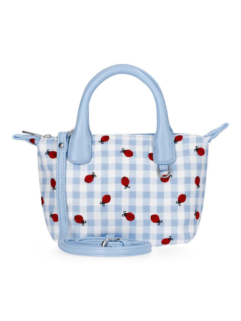 No Boundaries Women's Mini Tote Crossbody Bag, Sky Gingham with Ladybug Embroidery | Walmart (US)