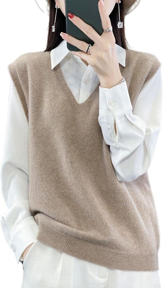 Women's V-Neck Knit Sweater Vest 100% Merino Wool Lightweight Sleeveless Pullover Basic Vest Shor... | Amazon (US)