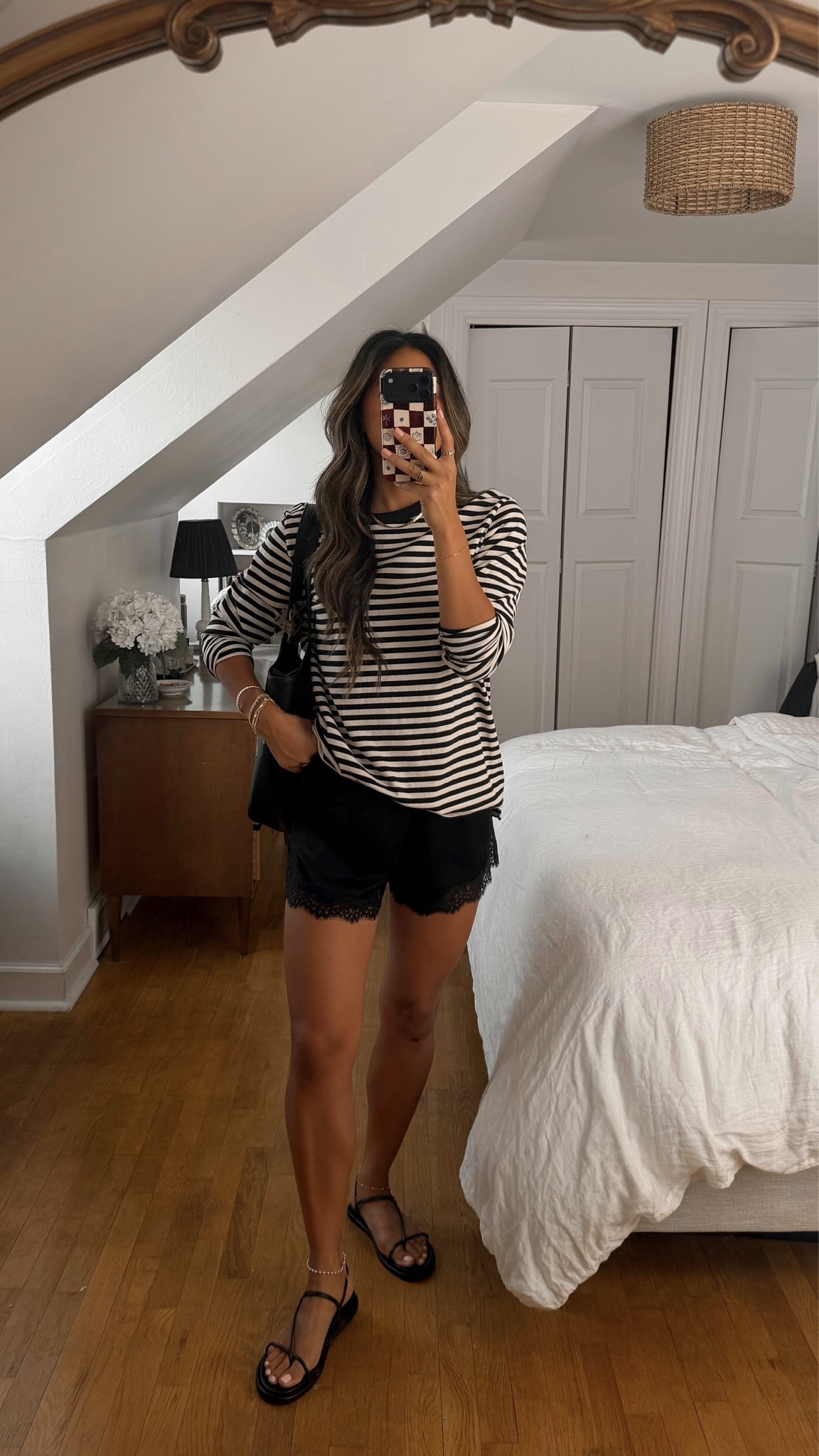 Casual striped shirt + satin shorts #ootd @Aritzia @jcrew