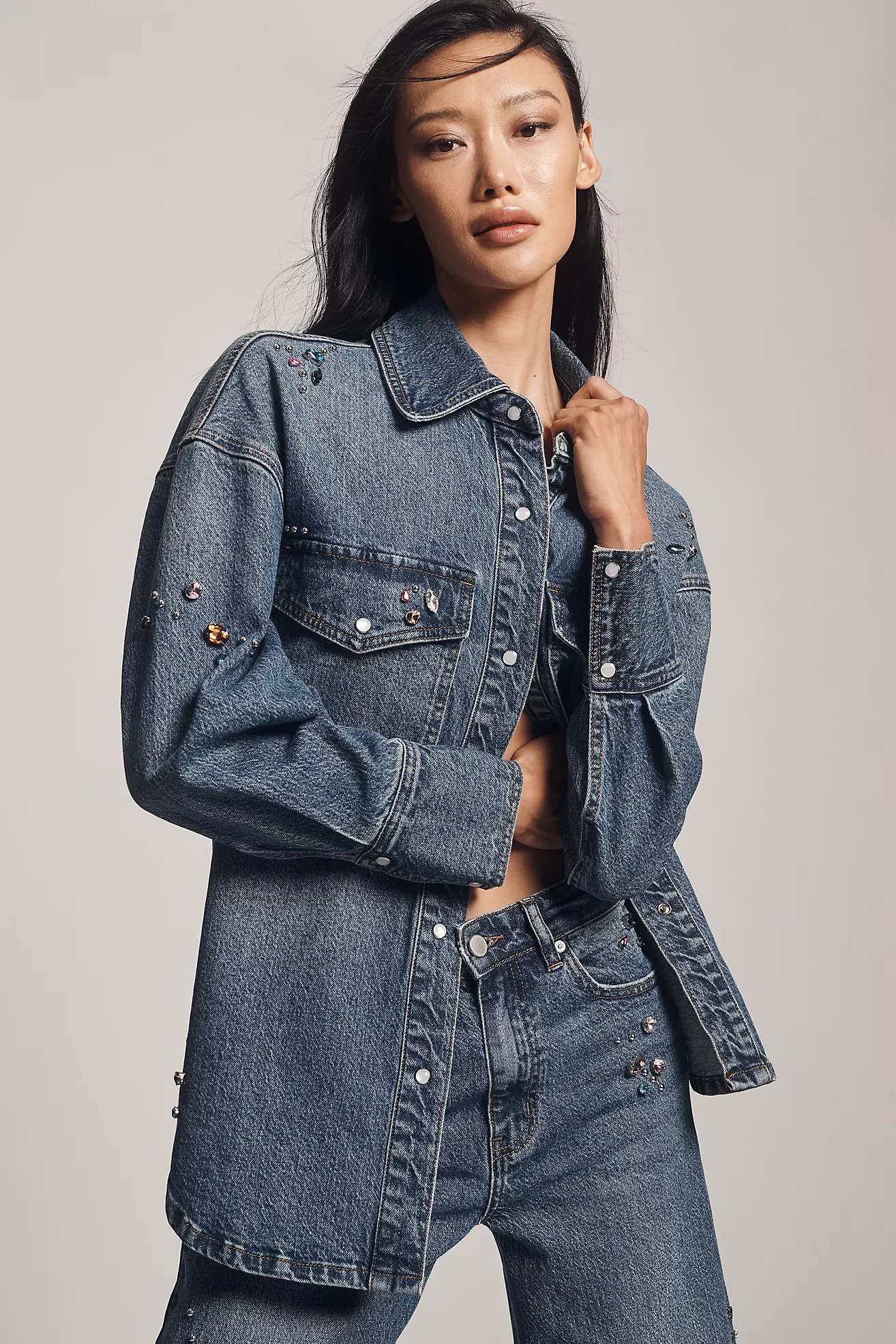 Avec Les Filles Oversized Bejeweled Denim Buttondown Shirt | Anthropologie (US)