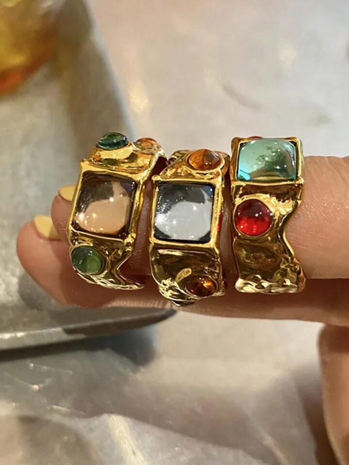 1Pc Colored Retro Baroque Premium Gold Plated Crystal Water Diamond Ring French Irregular Geometr... | SHEIN