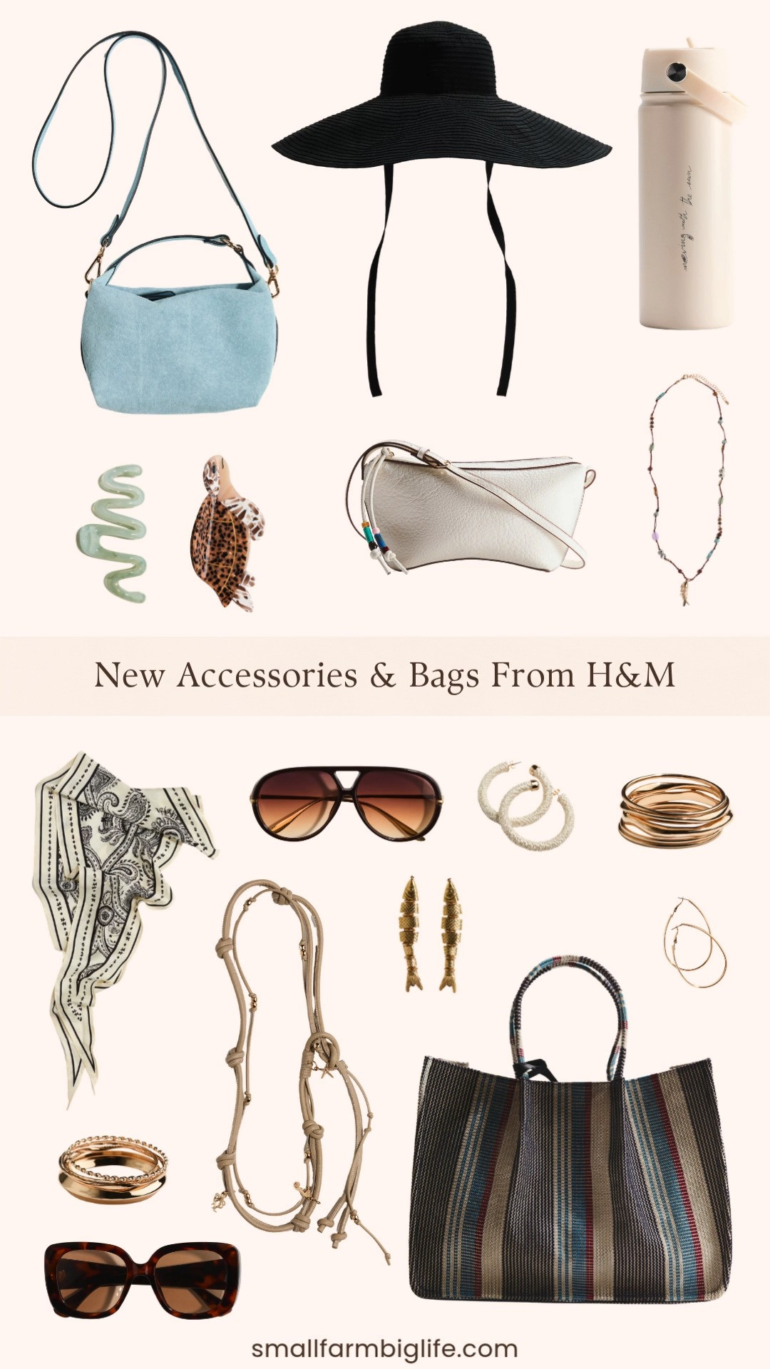 
H&M has the most beautiful accessories and bags right now and the prices are unbelievable! From a suede crossbody bag and a jacquard weave tote to a classic black sun hat, cream shoulder bag, printed satin triangle scarf, embellished cord belt, turtle and wavy hair claws, fabric covered hoop earrings, fish shaped dangles, gold oval hoops, beaded cord necklace, metal bangle sets, and the prettiest tortoiseshell square and aviator sunglasses, these are the fun and stylish finishing pieces that pull every summer outfit together. So many beautiful finds at H&M prices. Linking everything below! 

 #LTKootd #LTKSeasonal #LTKOver40