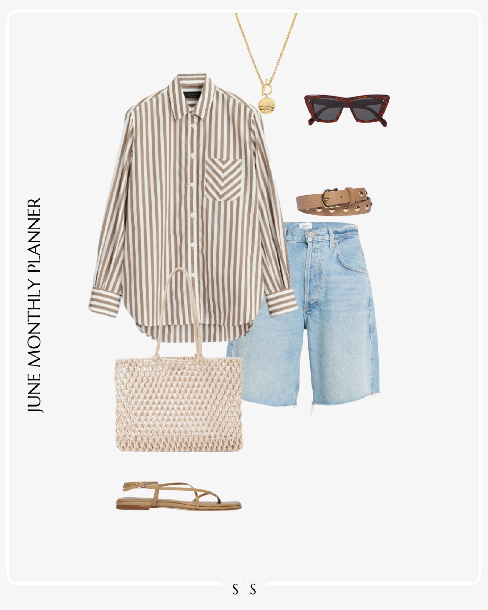 Monthly outfit planner JUNE: Spring & Summer looks | striped button up, baggy denim shorts, woven tote, strap nude sandals, neutral belt, coin necklace 

See the entire calendar on thesarahstories.com ✨ 


#LTKStyleTip