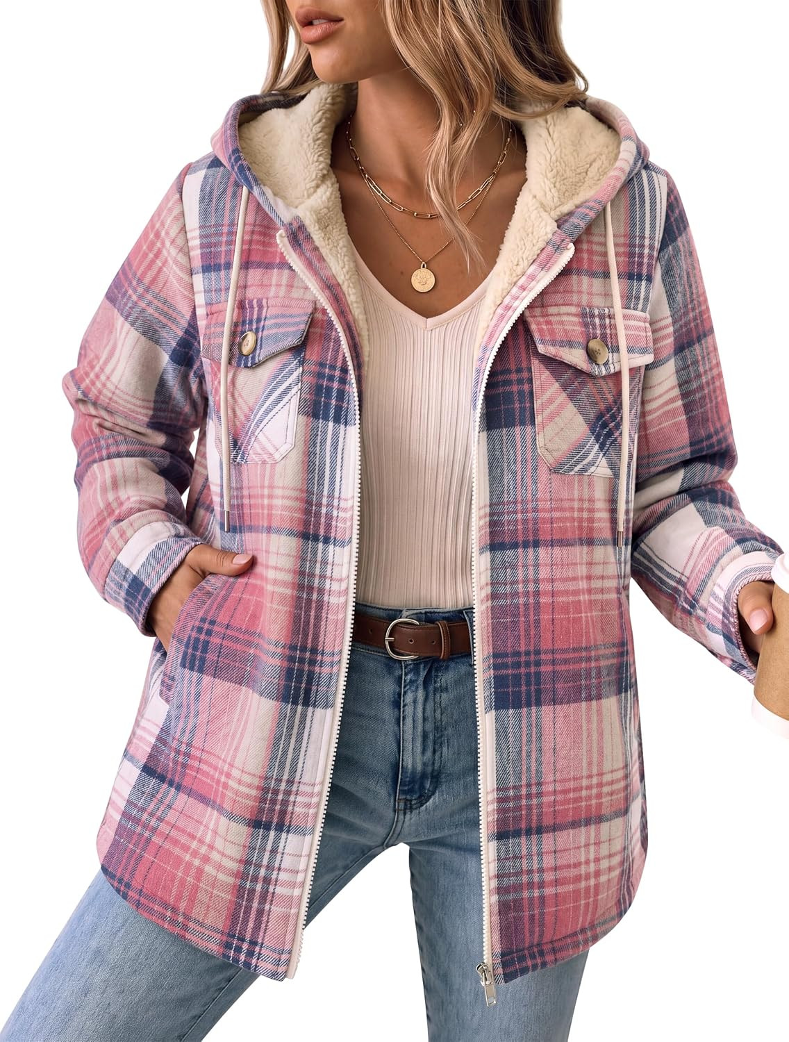Zeagoo Womens Flannel Jacket Plaid Fleece Lined Shacket Hooded Winter Coats | Amazon (US)
