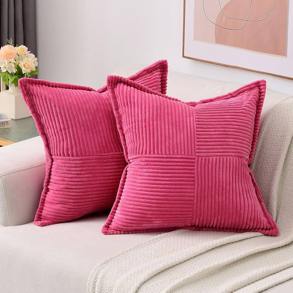 Hot Pink Throw Pillow Covers 20x20 Inch Set of 2,Soft Solid Corduroy Striped/Wide Bordered,Square... | Amazon (US)