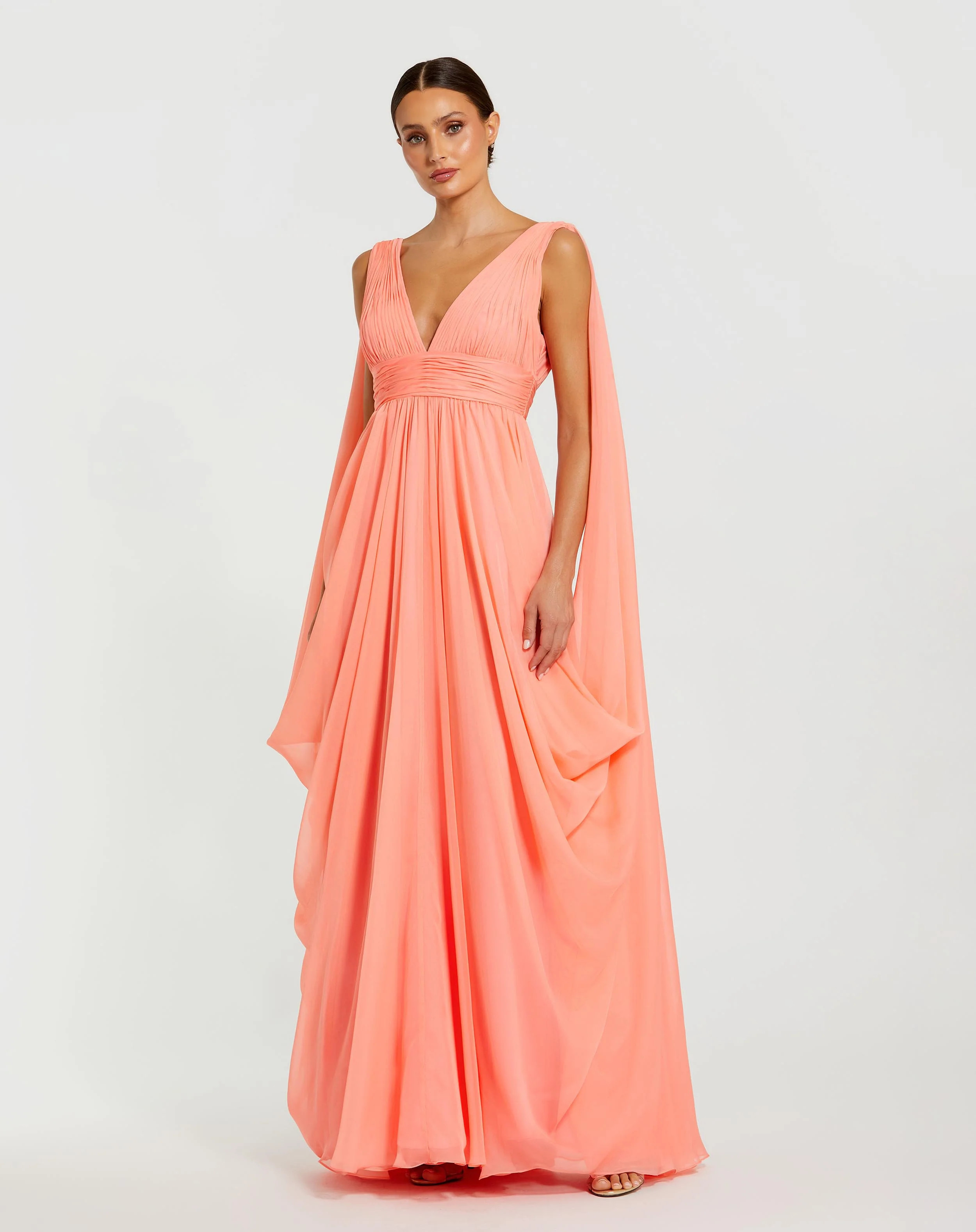 Pink V-Neck A-Line Chiffon Gown with Draped Details | Mac Duggal | Mac Duggal