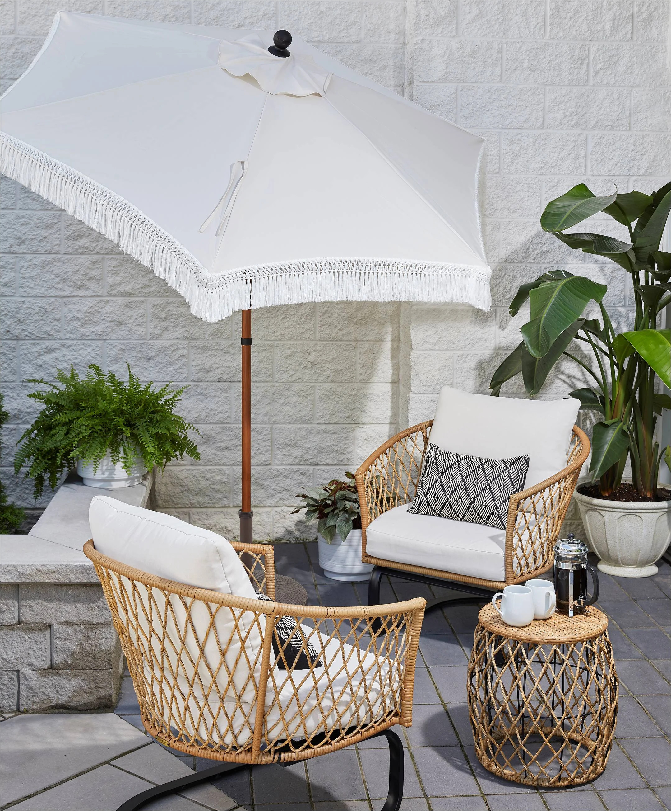Better Homes & Gardens Ventura 3-Piece White Outdoor Boho Wicker Chat Set, Wicker Frame | Walmart (US)