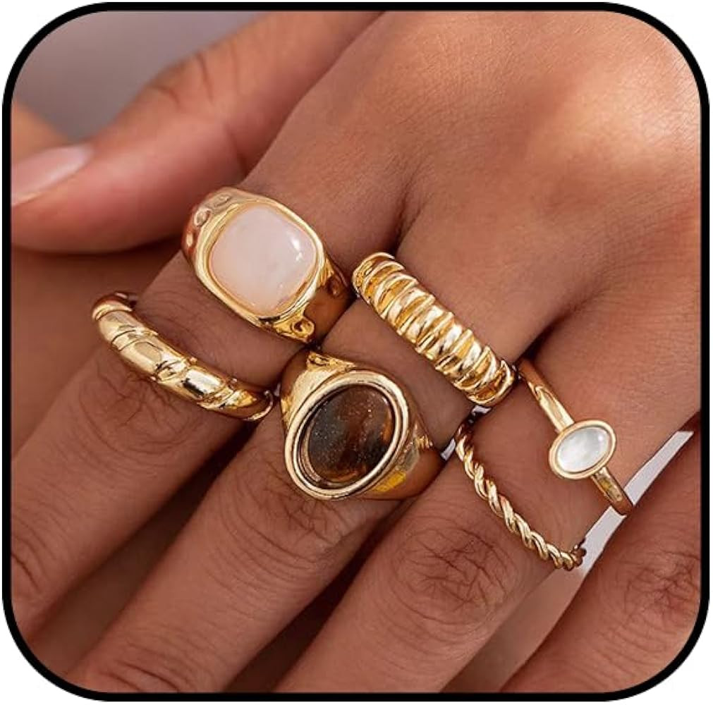 Chunky Gold Rings for Women Stackable Silver Flower Ring Set Vintage Statement Pearl Gemstone Rin... | Amazon (US)