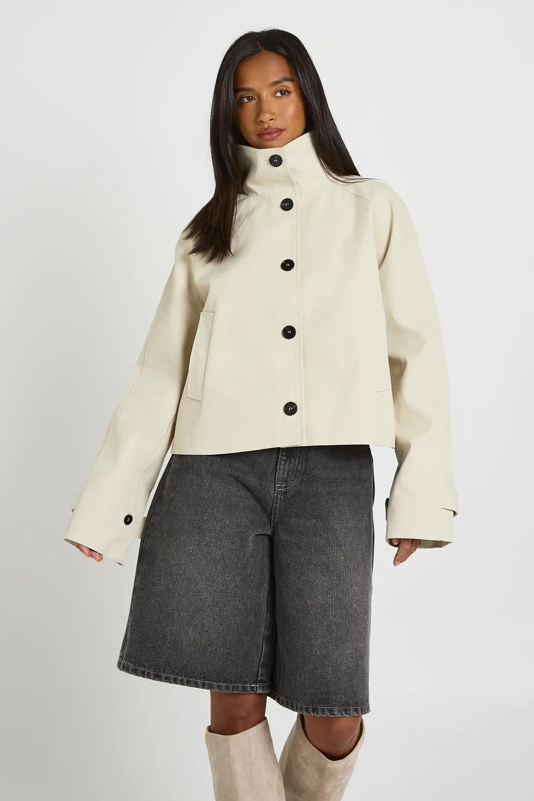 Stone Petite Funnel Neck Button Up Trench Coat | Boohoo | Boohoo.com (UK & IE)