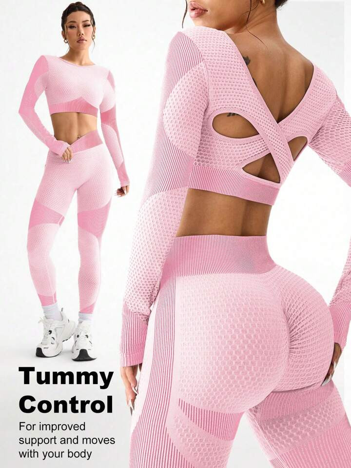 Sovereign Charm Women Contrast Color Splice Cropped Top And Leggings Sports Suit Set | SHEIN