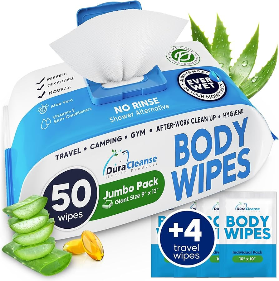 XL Body Wipes for Adults Bathing No Rinse - 50 Ct. + 4 Travel Shower Wipes - 9"x12" Thick Cleansi... | Amazon (US)