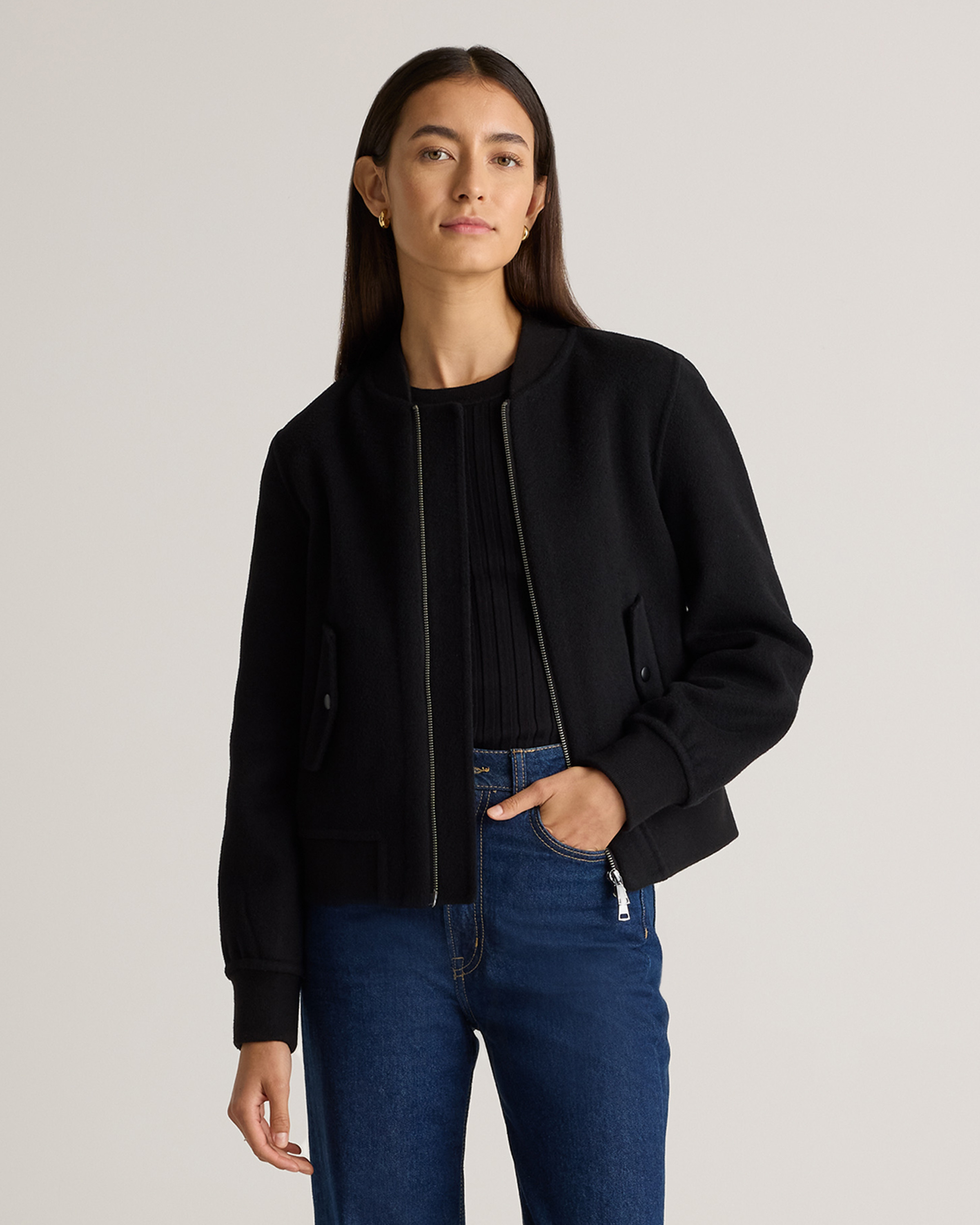 Quince | Women's Double-Faced Merino Wool Bomber Jacket in Black, Size Medium | Quince