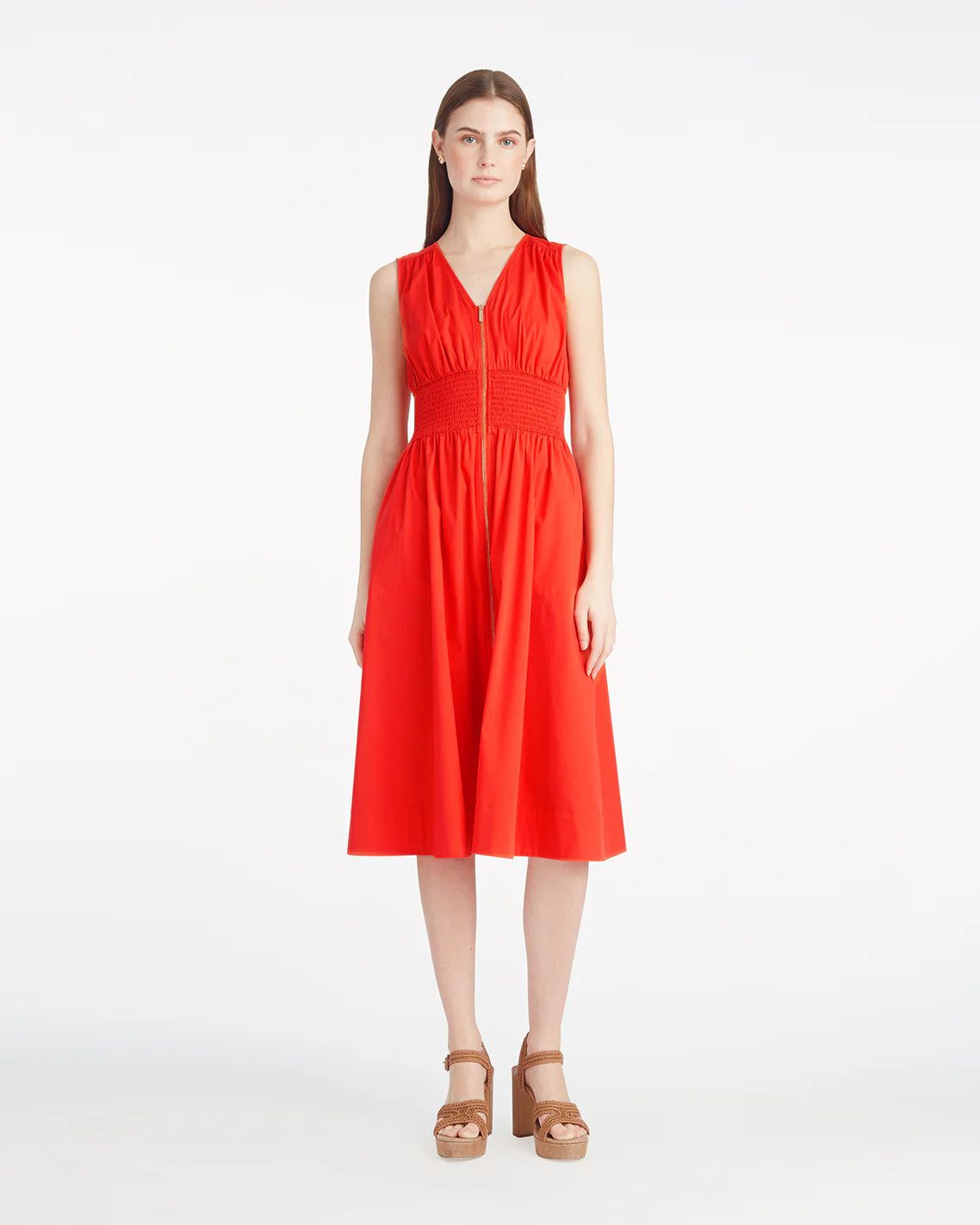 Amber Sleeveless Smocked Waist Midi Dress in Stretch Poplin | Draper James (US)