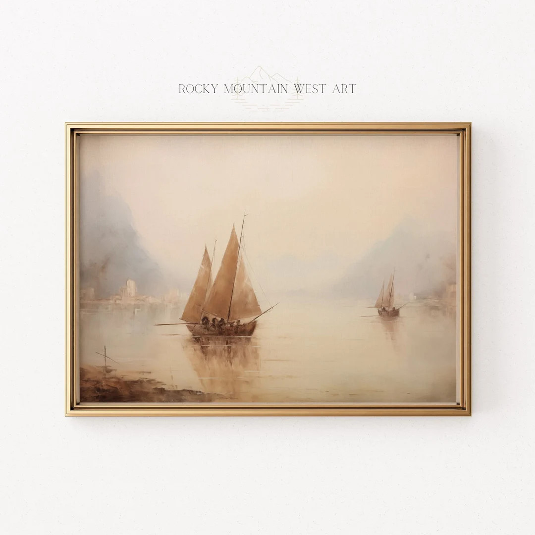 Vintage Sailboat Oil Painting Lake House Coastal Home Decor Neutral Seascape Wall Art Antique Nau... | Etsy (US)