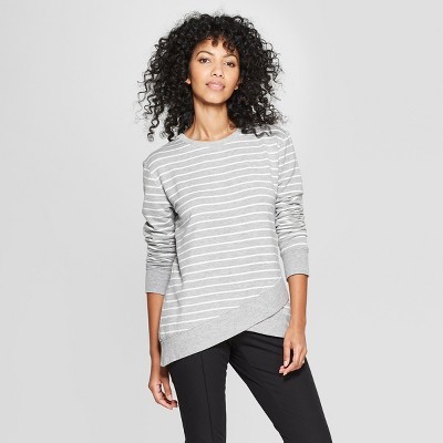 Women's Striped Long Sleeve Cross-Front Pullover - A New Day™ Gray/Cream | Target