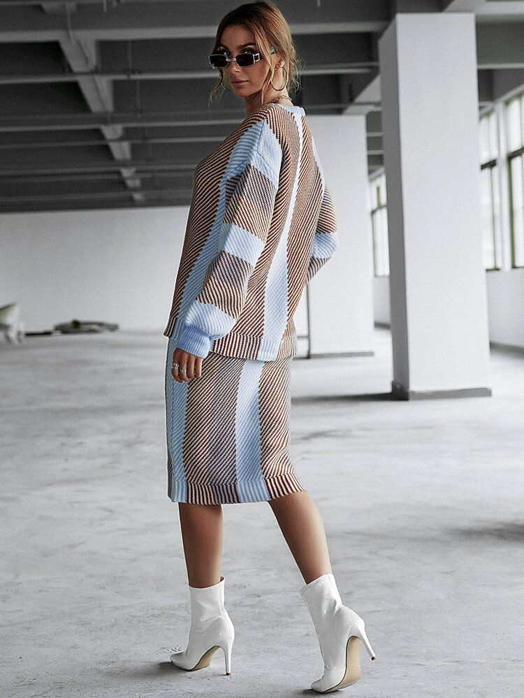 Striped Pattern Sweater & Knit Skirt | SHEIN