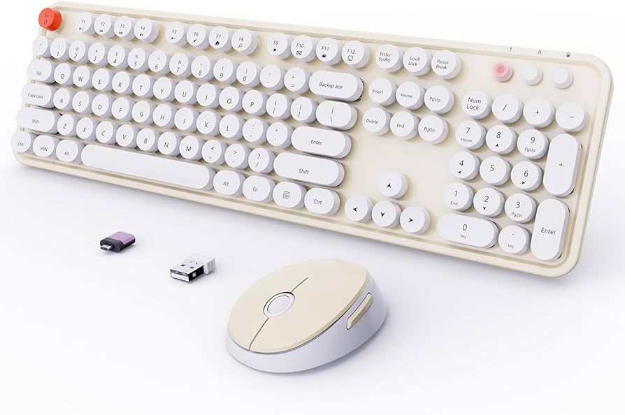 Wireless Keyboard and Mouse Combo, Ergonomic Full Size Typewriter Retro Round Keycaps Keyboard, C... | Amazon (US)