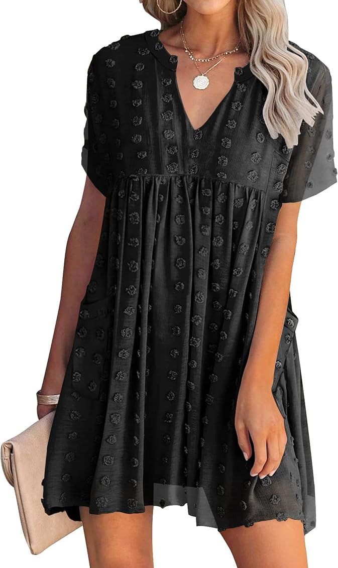 MIHOLL Women's V Neck Short Sleeve Ruffle Loose Summer Flowy Mini Dress | Amazon (US)