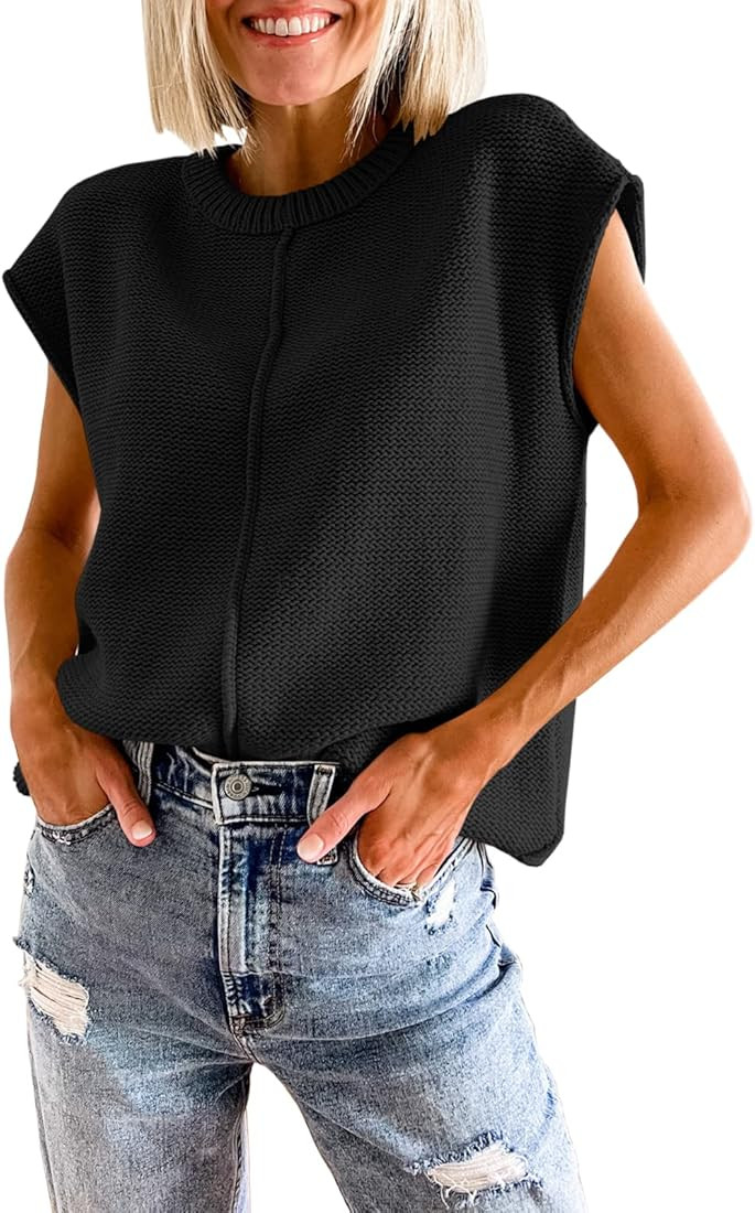 Saodimallsu Womens Summer Cap Sleeve Tops Casual Crew Neck Loose Fit Knit Lightweight Sweater Pullov | Amazon (US)