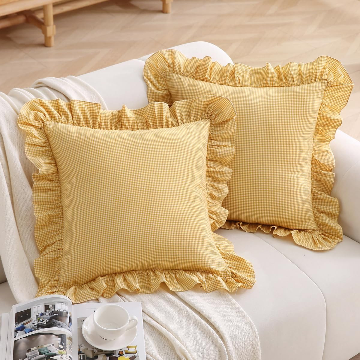 Vintage Yellow Plaid Ruffle Throw Pillow Covers 20x20 inches,Washed Cotton Mustard Gingham Checke... | Amazon (US)