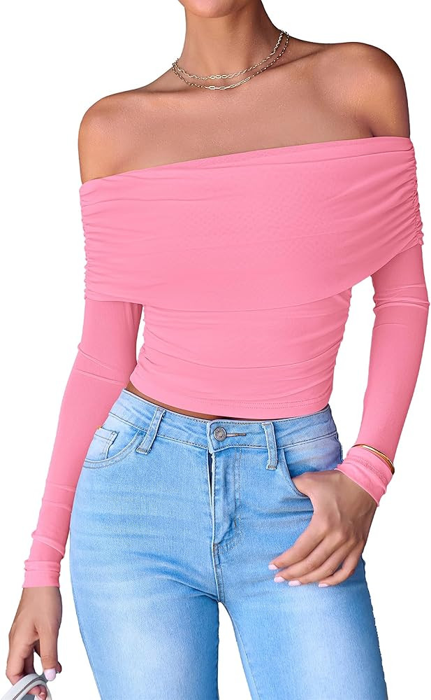 BTFBM Women's Off The Shoulder Tops Summer Long Sleeve Shirts Stretchy Ruched Bodycon Y2K Going O... | Amazon (US)