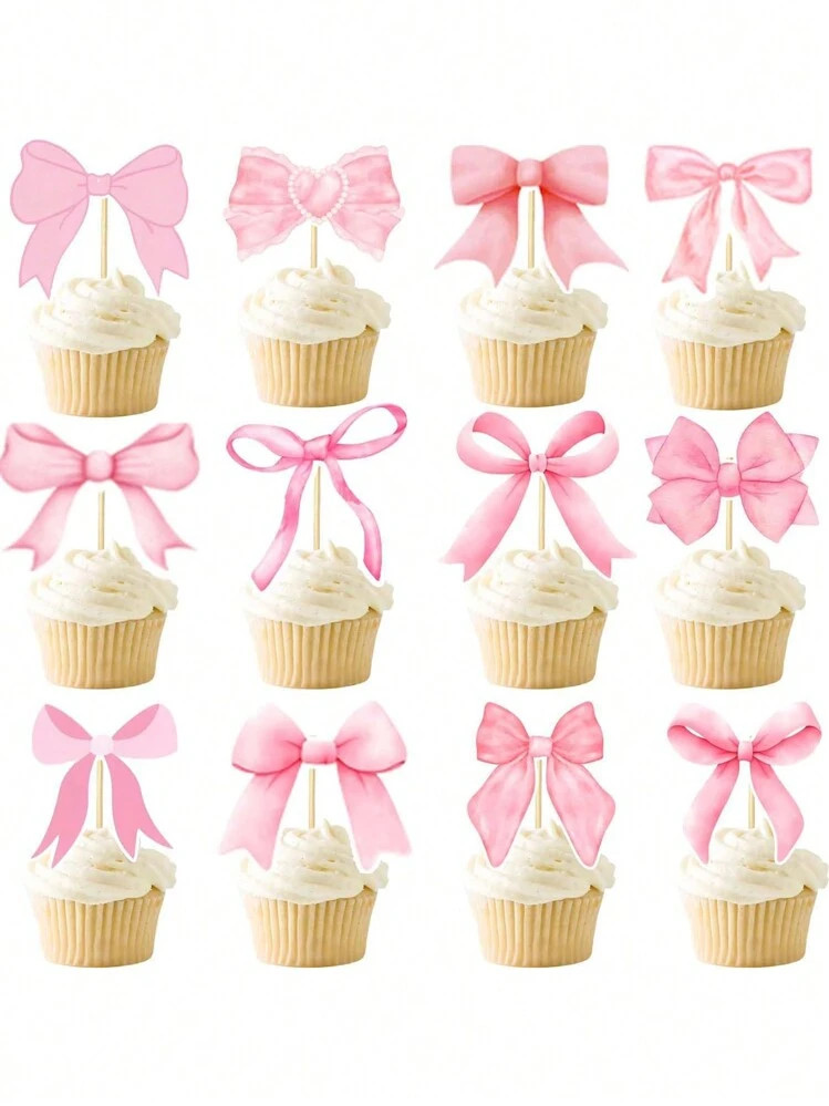 24PCS Pink Bow Cupcake Toppers Birthday Party Decorations,Bow Tie Birthday Cupcake Toppers,Bachel... | SHEIN