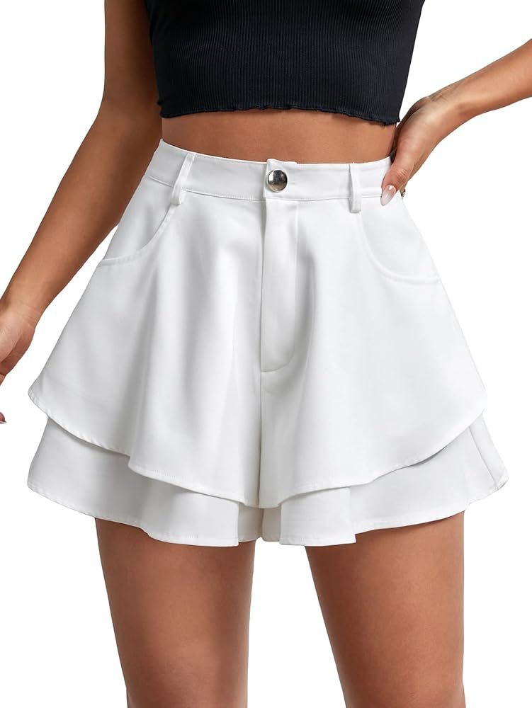 Verdusa Women's Casual High Waist Layered Wide Flare Leg Mini Shorts with Pocket | Amazon (US)