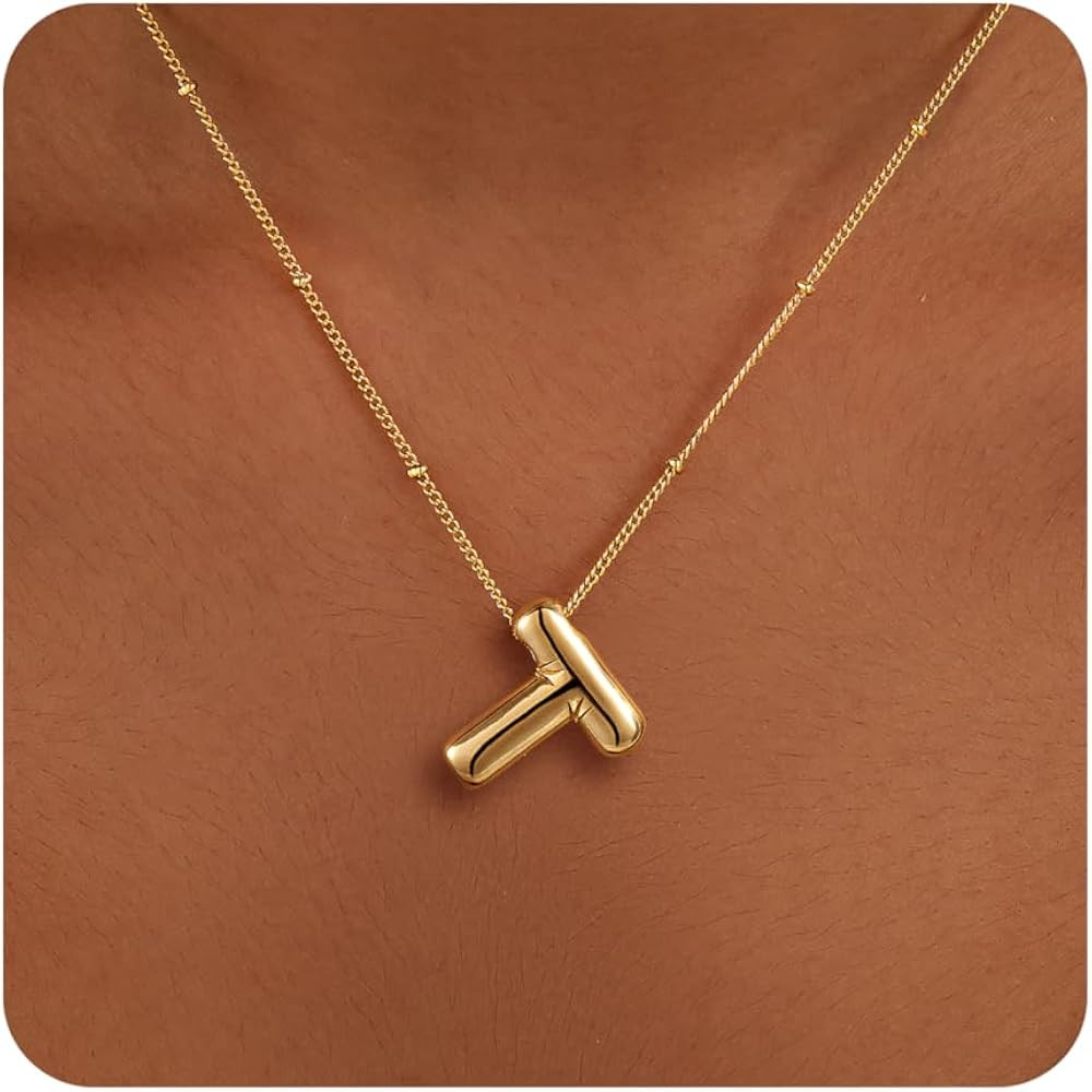 Gold Bubble Letter Necklace for Women, Dainty 14K Plated Balloon Initial Pendant Necklace Trendy ... | Amazon (US)