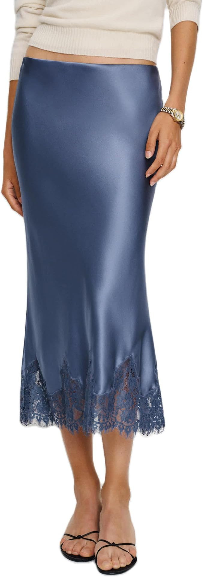 Women Lace Trim Satin Skirt Elegant Silky A Line Flowy Midi Long Skirt Y2k Sexy Elastic Rise Half... | Amazon (US)