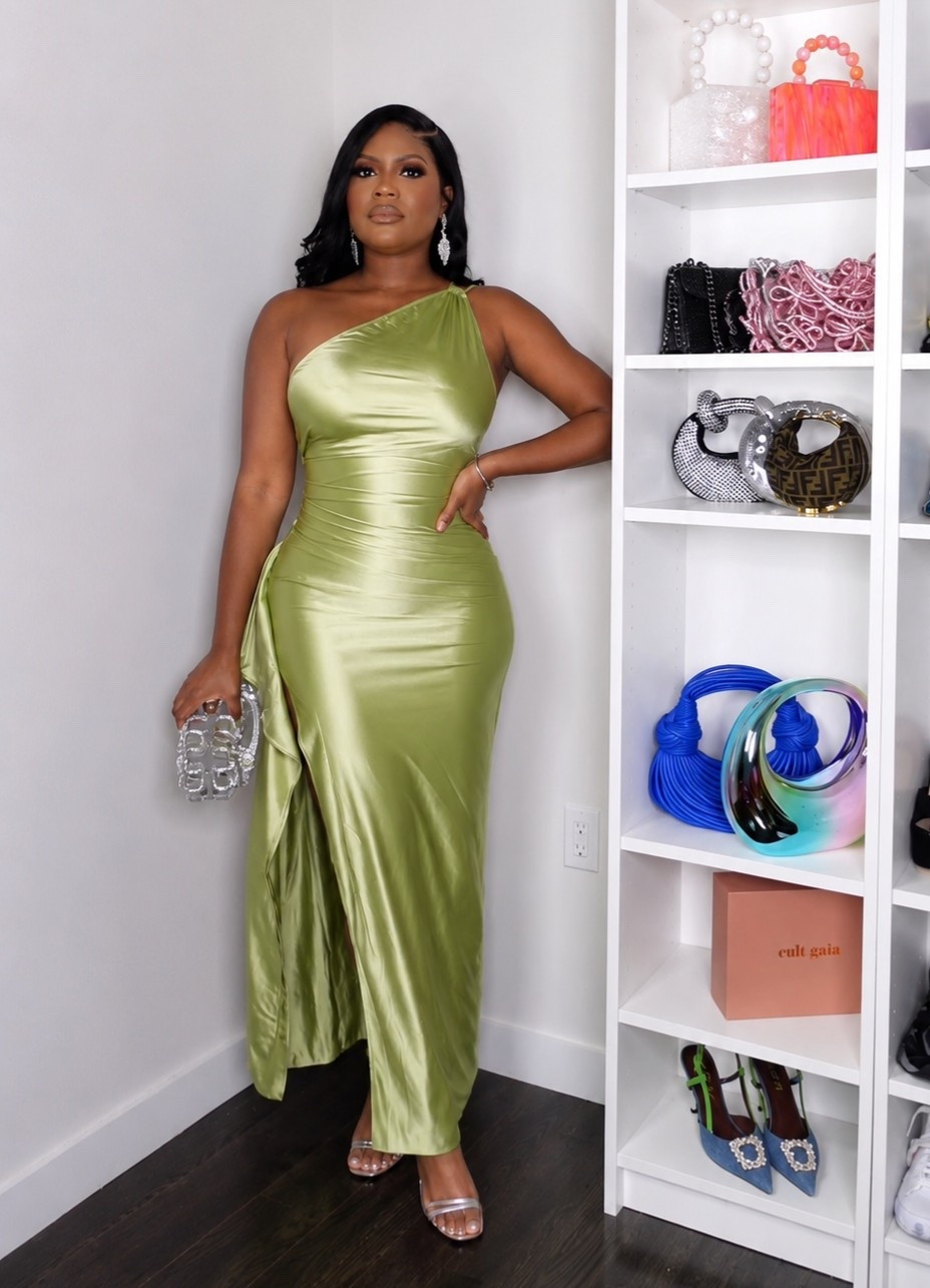 Wedding guest season called… she said bring the drama. 💚✨ This satin one-shoulder moment + silver accessories is giving “yes, I came to celebrate the bride, but the aunties are definitely asking who I am.” 😂 Elegant, flattering, and perfect for a spring or summer wedding.

#WeddingGuestStyle #LTKStyle #WeddingGuestDress #OccasionWear